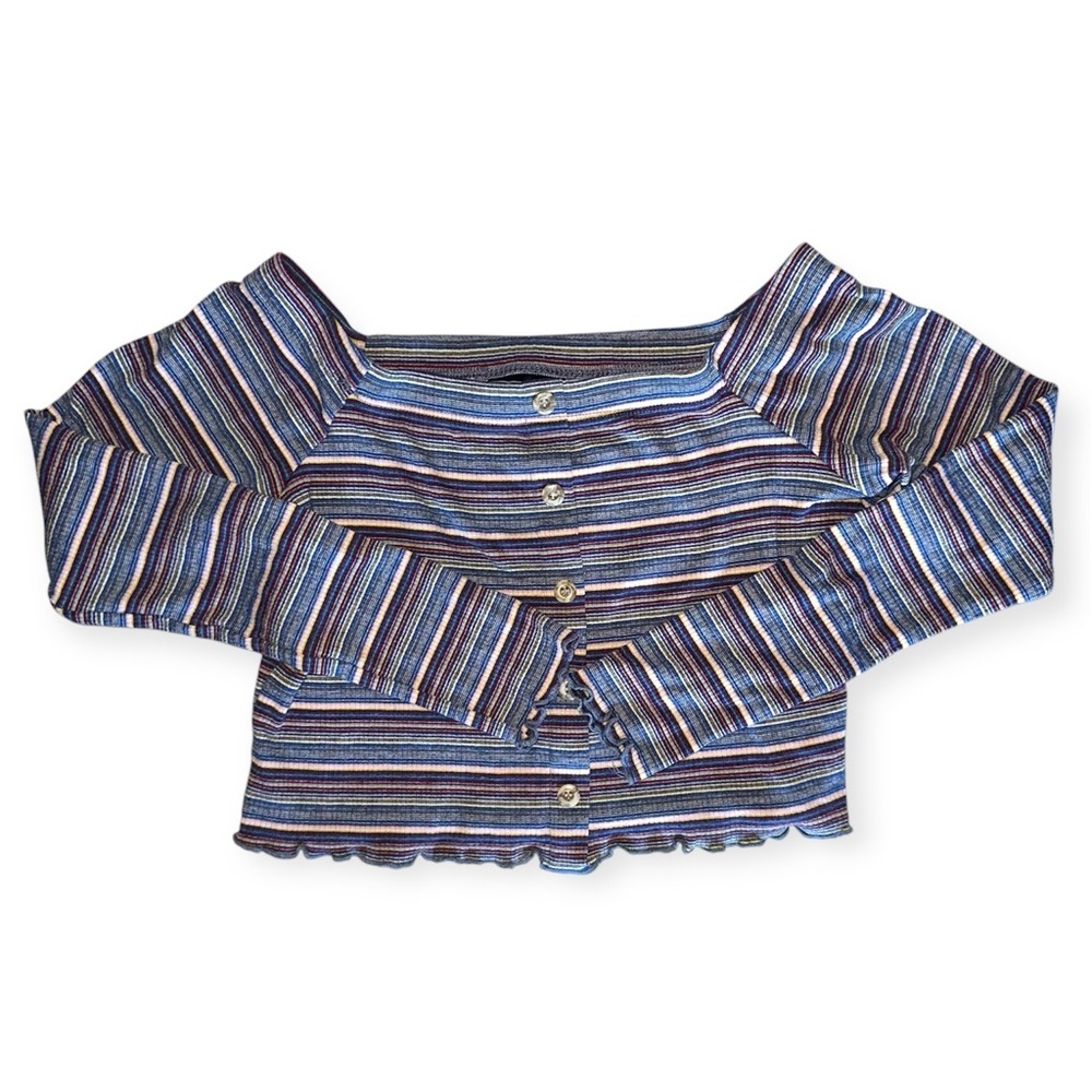 Polly & Esther Multicolor Striped Off Shoulder Long Sleeve Ruffle Hem Crop Top